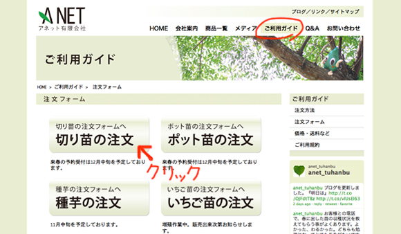 ご利用ガイド、注文フォームへ